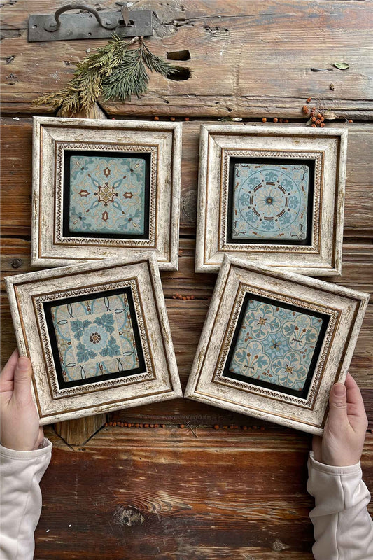 Framed Stone Painting Wall Decoration 8" x 8" Set of 4 Pattern Set