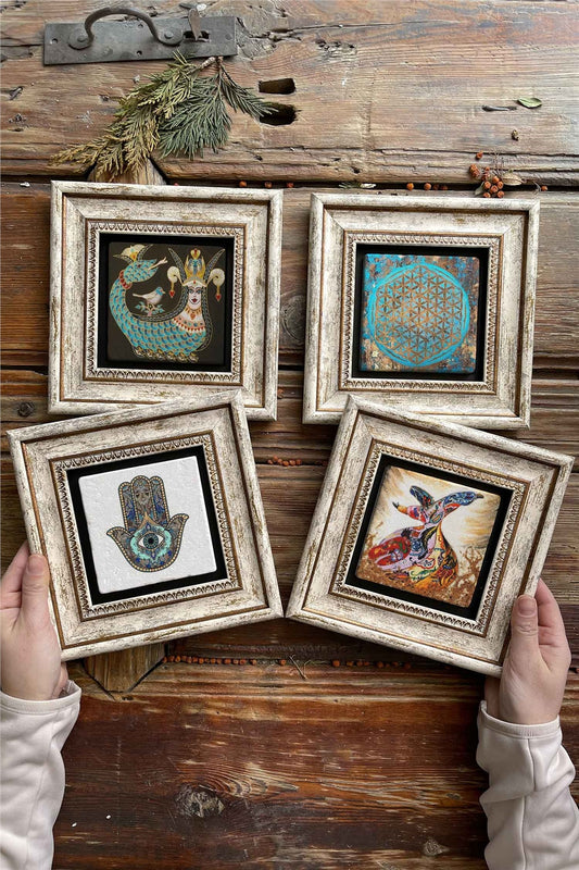 Framed Stone Painting 8" x 8" Set of 4(1213-1090-114-60)Şahmeran Fatma Mother Whirling Dervish
