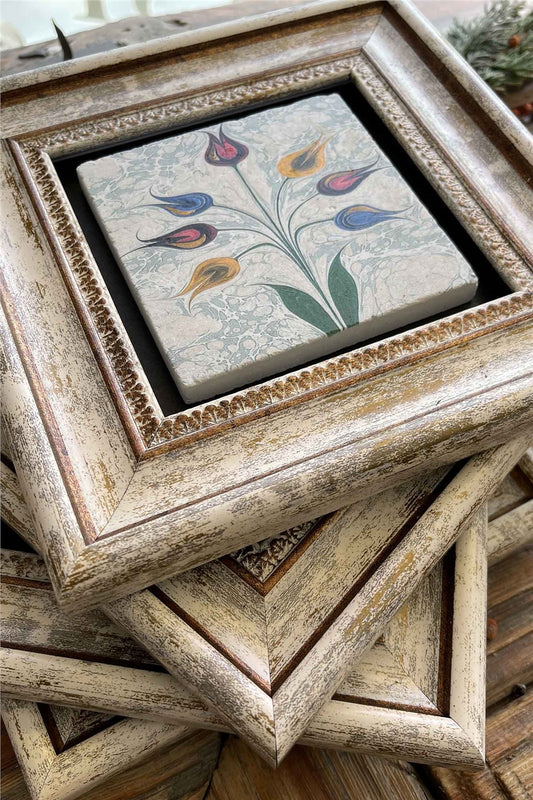 Framed Stone Painting 8" x 8" Set of 4(496-499-321-60)Lale Ebruli Elif Semazen