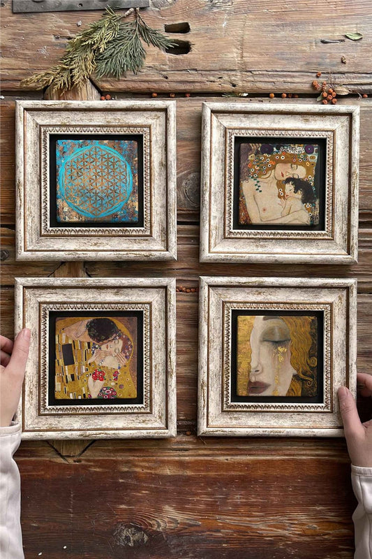 Framed Stone Painting Wall Decoration 8" x 8" Set of 4 Gustav Klimt Flower of Life