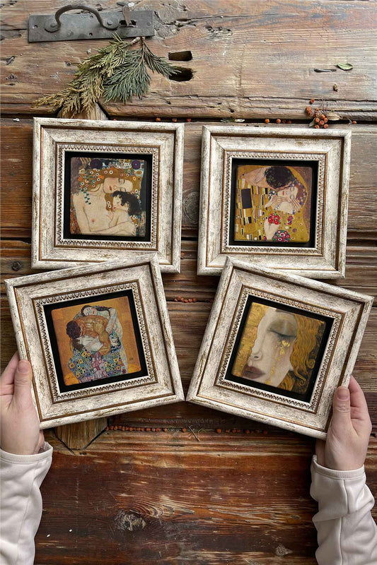 Framed Stone Painting Wall Decoration 8" x 8" Set of 4 Gustav Klimt The Last Kiss