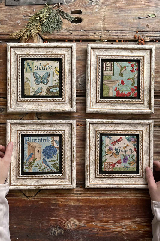 Framed Stone Painting Wall Decoration 8" x 8" Set of 4 Bird and Butterfly Set