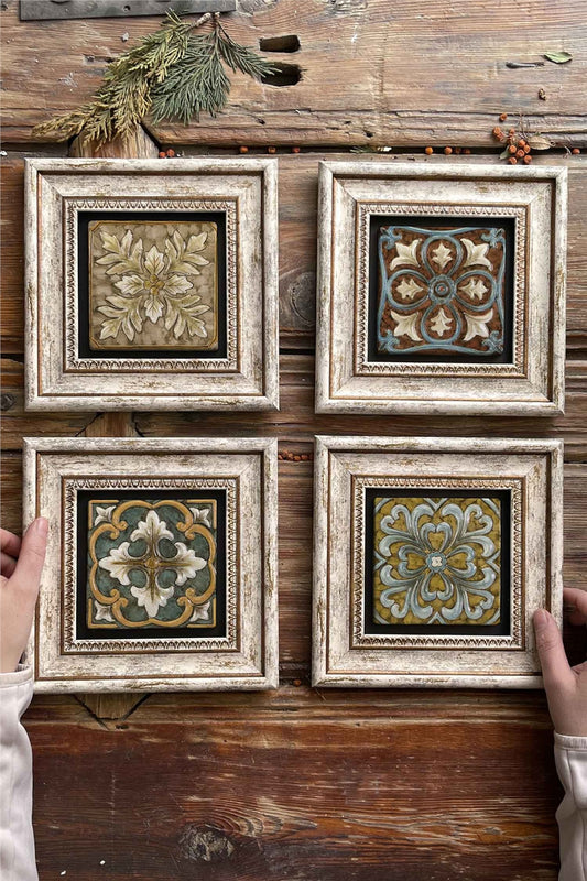Framed Stone Painting Wall Decoration 8" x 8" Set of 4 Mosaic Antiqued