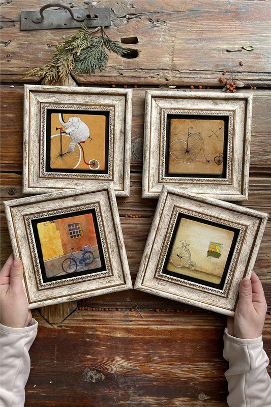 Framed Stone Painting Wall Decoration 8" x 8" Set of 4 Elephant Bicycle Set
