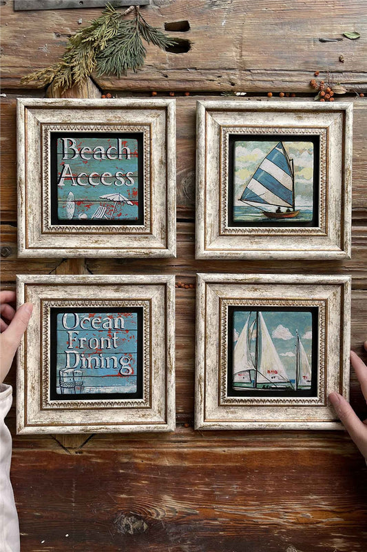 Framed Stone Painting Wall Decoration 8" x 8" Set of 4 Beach Sailing Paintings