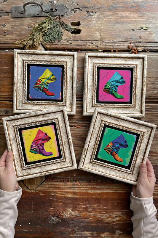 Framed Stone Painting Wall Decoration 8" x 8" Set of 4 Cowboy Boots Set