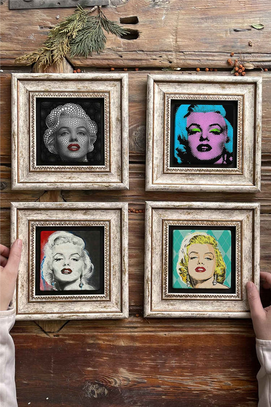 Framed Stone Painting Wall Decoration 8" x 8" Set of 4