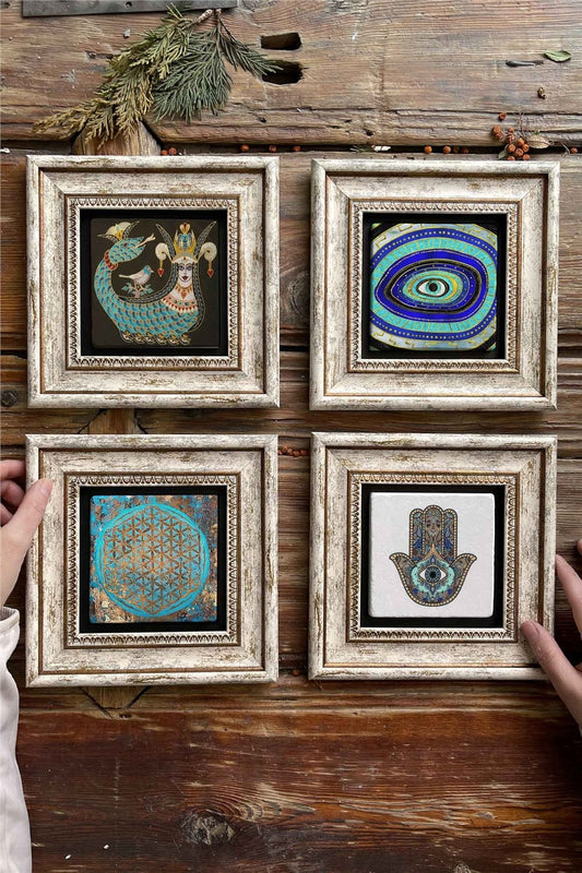 Framed Stone Painting 8" x 8" Set of 4(1213-1100-1090-114)Şahmeran Nazar Fatma Ana