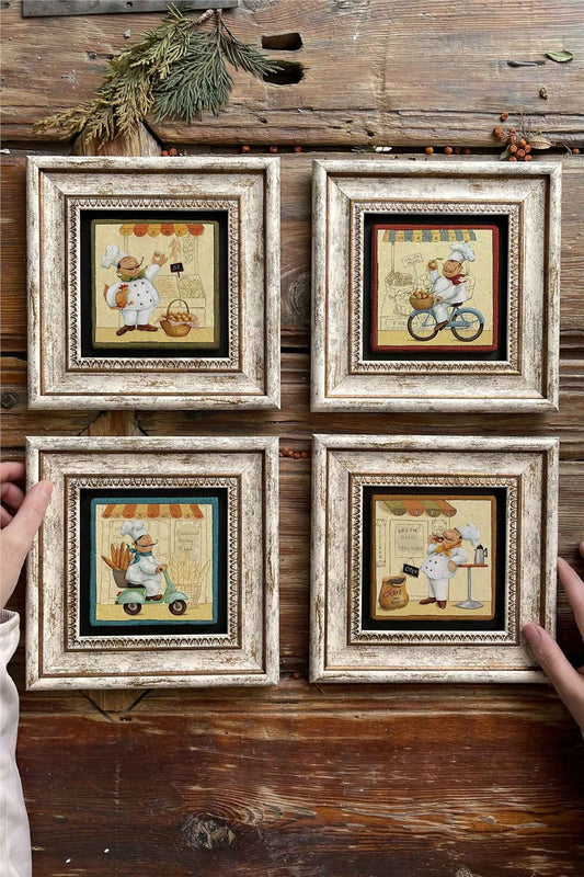 Framed Stone Painting Wall Decoration 8" x 8" Set of 4 Chef Kitchen Paintings