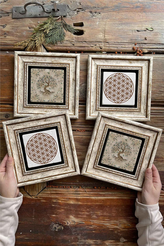 Framed Stone Painting Wall Decoration 8" x 8" Set of 4 Tree of Life Flower of Life