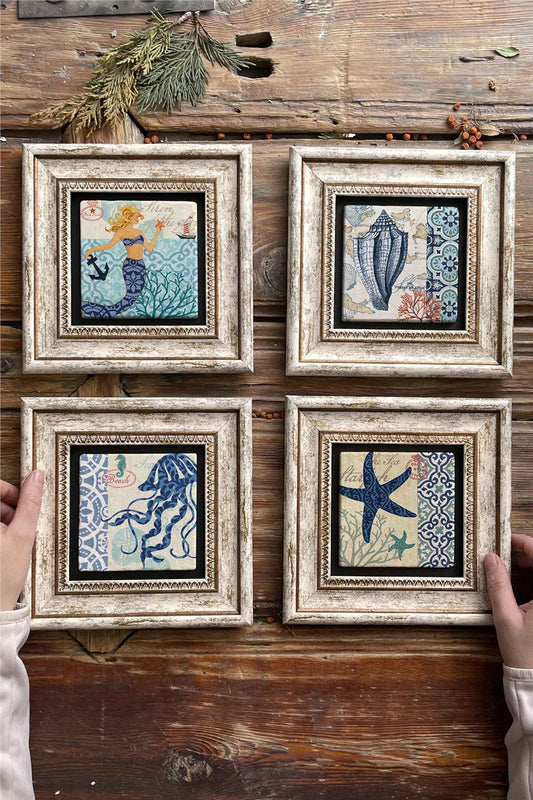 Framed Stone Painting Wall Decoration 8" x 8" Set of 4