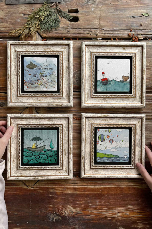 Framed Stone Painting Wall Decoration 8" x 8" Set of 4 Sea Fisherman Undersea Set