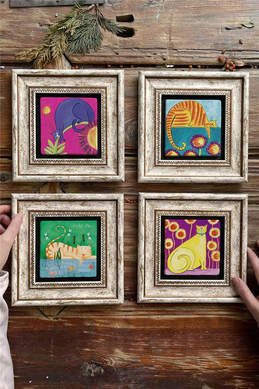 Framed Stone Painting Wall Decoration 8" x 8" Set of 4 Cat Set