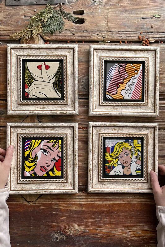Framed Stone Painting Wall Decoration 8" x 8" Set of 4 Pop Art Set