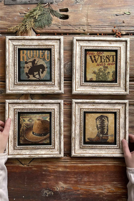 Framed Stone Painting Wall Decoration 8" x 8" Set of 4 Rodeo West Cowboy Set