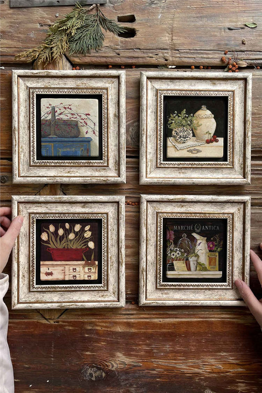 Framed Stone Painting Wall Decoration 8" x 8" Set of 4