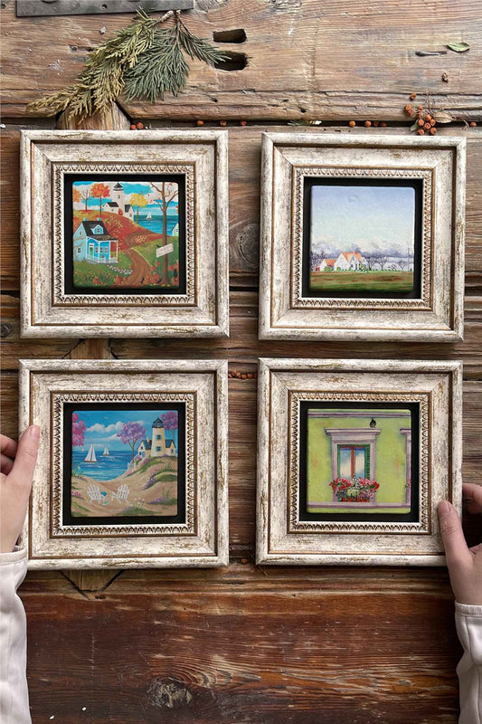 Framed Stone Painting Wall Decoration 8" x 8" Set of 4