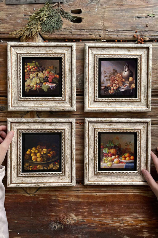 Framed Stone Painting Wall Decoration 8" x 8" Set of 4 Fruit Plates Set