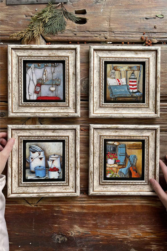 Framed Stone Painting Wall Decoration 8" x 8" Set of 4