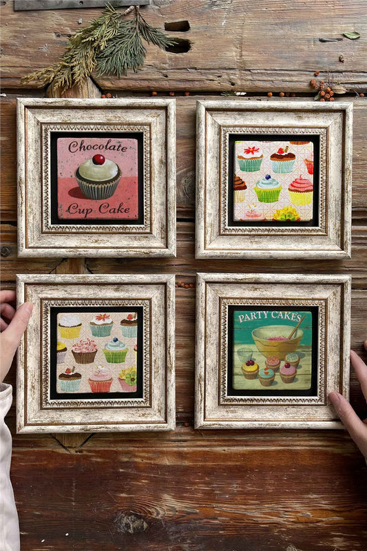 Framed Stone Painting Wall Decoration 8" x 8" Set of 4 Cherry Cakes Cup Cakes
