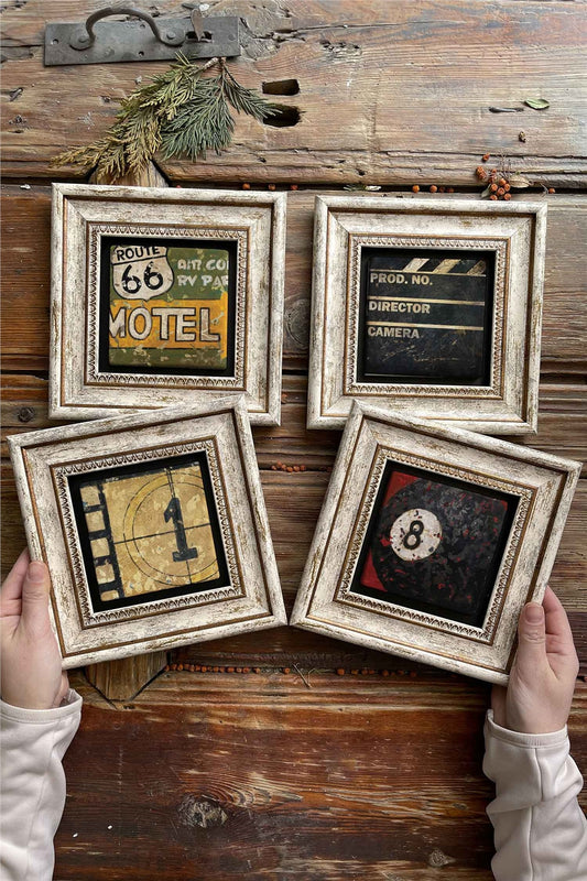 Framed Stone Painting Wall Decoration 8" x 8" Set of 4