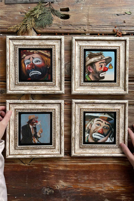 Framed Stone Painting Wall Decoration 8" x 8" Set of 4 Clown Paintings