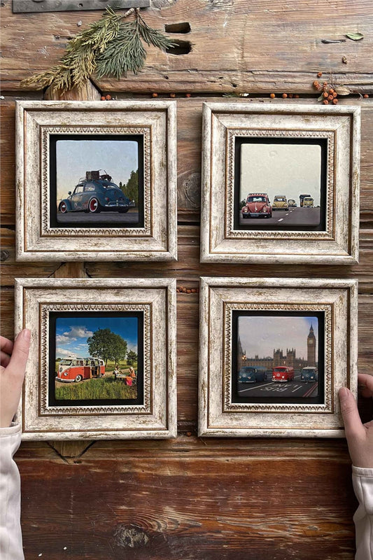 Framed Stone Painting Wall Decoration 8" x 8" Set of 4 Vosvos Tortoise Buggy