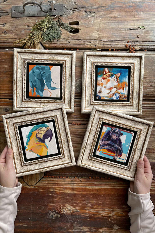 Framed Stone Painting Wall Decoration 8" x 8" Set of 4 Elephant Cat Monkey Parrot Set