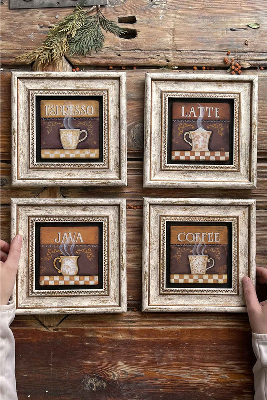 Framed Stone Painting Wall Decoration 8" x 8" Set of 4 Espresso Latte Java Coffee Set