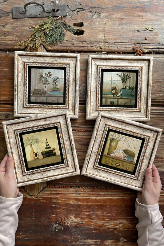 Framed Stone Painting Wall Decoration 8" x 8" Set of 4