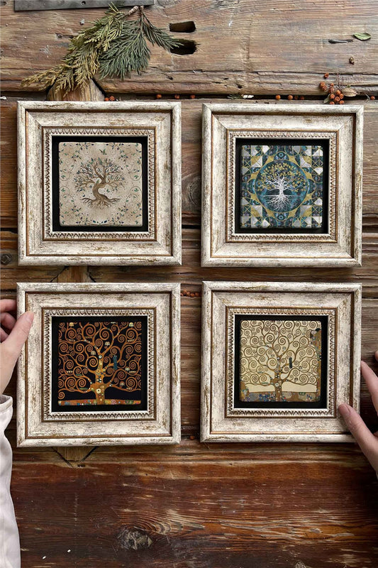 Framed Stone Painting Wall Decoration 8" x 8" Set of 4 Tree of Life Set