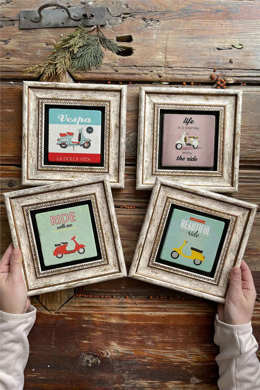 Framed Stone Painting Wall Decoration 8" x 8" Set of 4