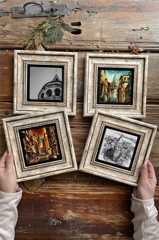 Framed Stone Painting Wall Decoration 8" x 8" Set of 4 Galata Tower Set Hazerfen
