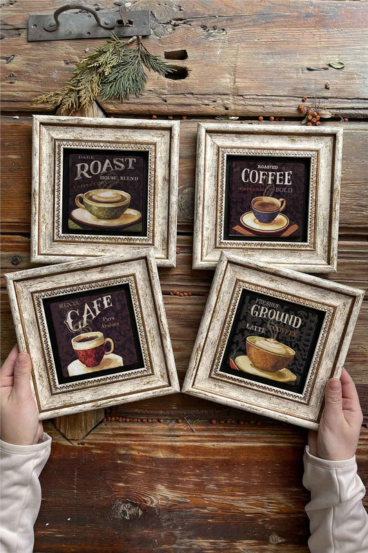 Framed Stone Painting Wall Decoration 8" x 8" Set of 4 Cafe Coffee