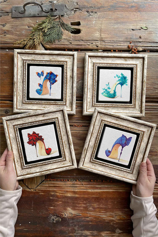 Framed Stone Painting Wall Decoration 8" x 8" Set of 4