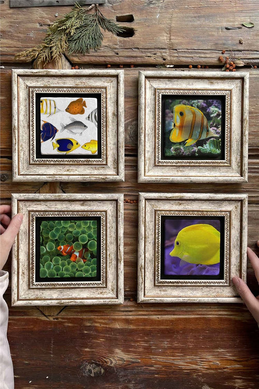 Framed Stone Painting Wall Decoration 8" x 8" Set of 4 Fish Fish Nemo Set