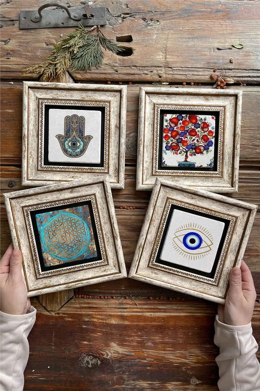 Framed Stone Painting Wall Decoration 8" x 8" Set of 4 Fatma Ana Pomegranate Tree Evil Eye