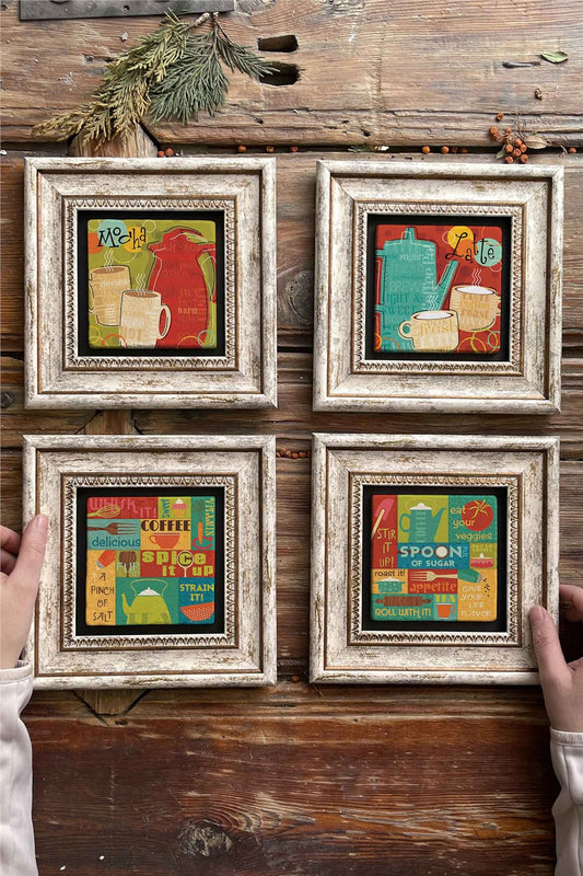 Framed Stone Painting Wall Decoration 8" x 8" Set of 4
