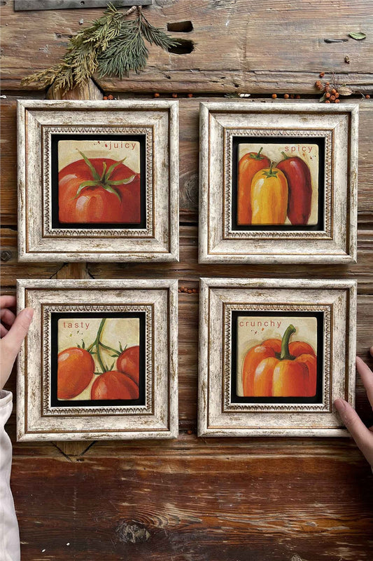 Framed Stone Painting Wall Decoration 8" x 8" Set of 4 Juicy Spicy Tasty Crunchy Set