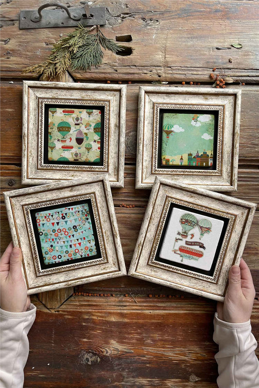 Framed Stone Painting Wall Decoration 8" x 8" Set of 4 Balloon Set Baloon Set