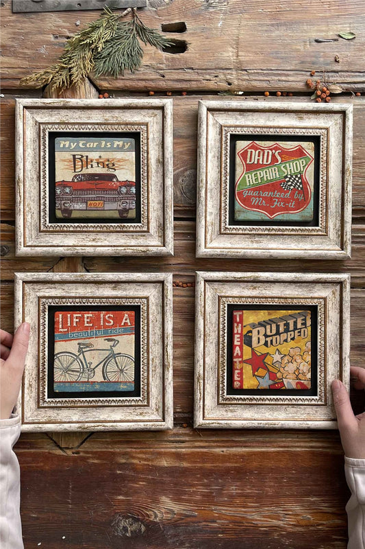 Framed Stone Painting Wall Decoration 8" x 8" Set of 4 Vintage Set