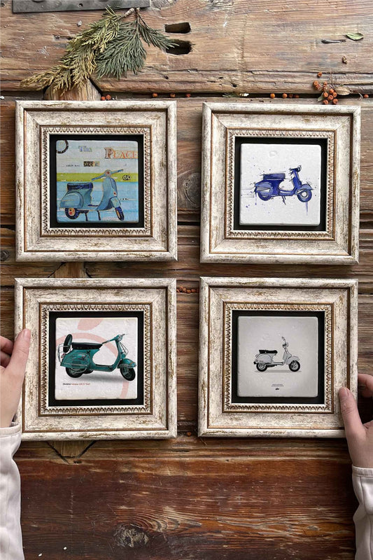 Framed Stone Painting Wall Decoration 8" x 8" Set of 4 Vespa Set