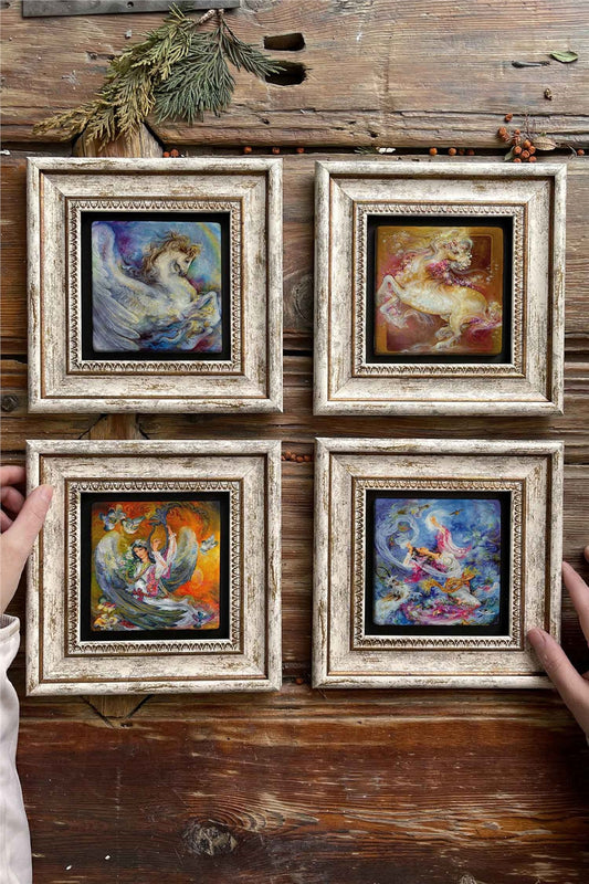 Framed Stone Painting Wall Decoration 8" x 8" Set of 4