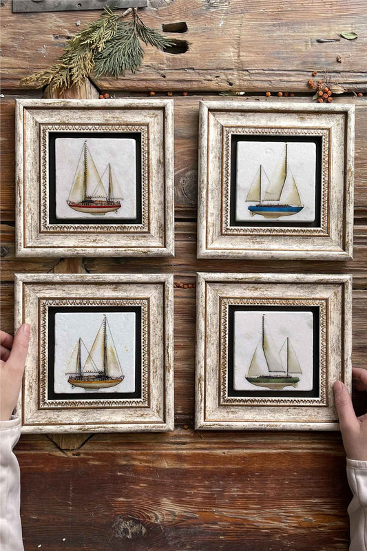 Framed Stone Painting Wall Decoration 8" x 8" Set of 4 Sailing Boat Set