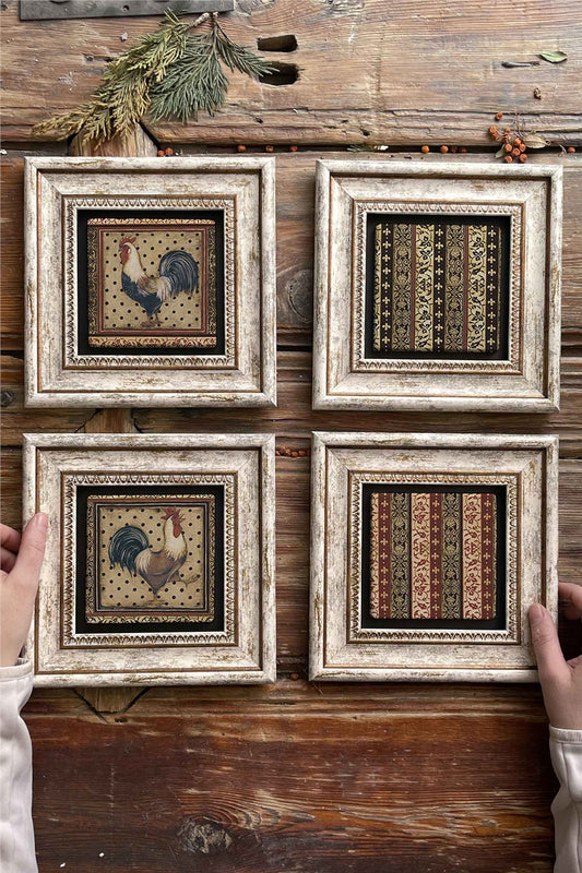 Framed Stone Painting Wall Decoration 8" x 8" Set of 4 Rooster Set