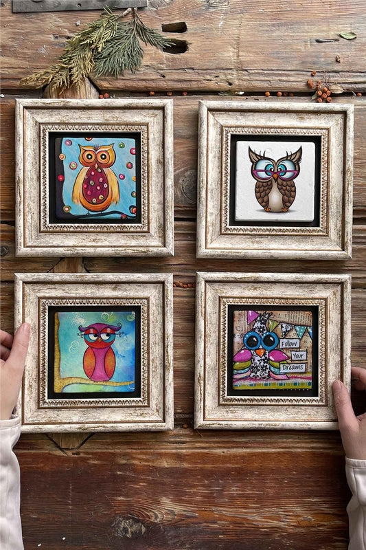 Framed Stone Painting Wall Decoration 8" x 8" Set of 4