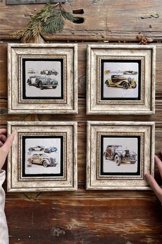 Framed Stone Painting Wall Decoration 8" x 8" Set of 4 Classic Cars Classic Cars