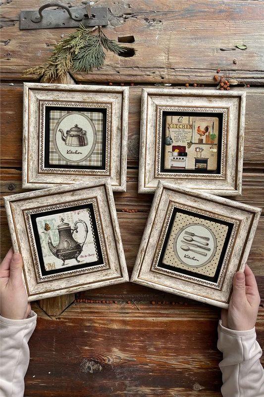 Framed Stone Painting Wall Decoration 8" x 8" Set of 4
