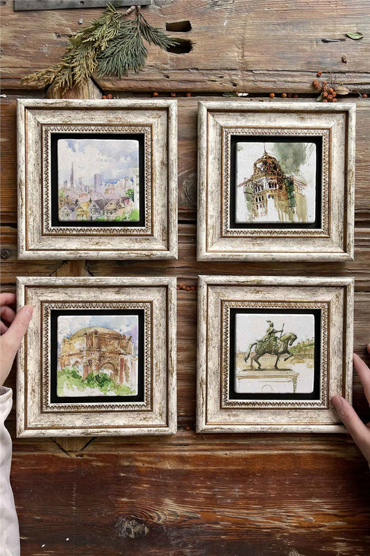 Framed Stone Painting Wall Decoration 8" x 8" Set of 4 Water Color Watercolor Painting Set