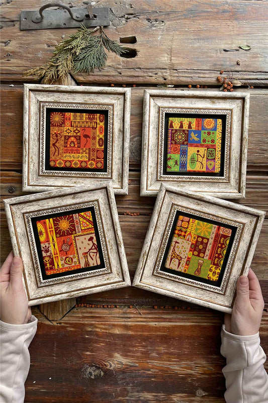 Framed Stone Painting Wall Decoration 8" x 8" Set of 4 African African Set
